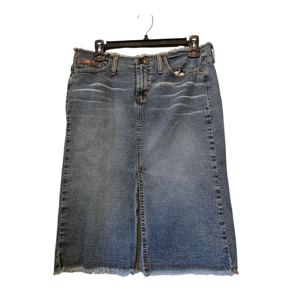 Vintage 90s Y2K LEI Denim Jean Skirt Junior Sz 7 Denim Medium Wash Front‎ Slit